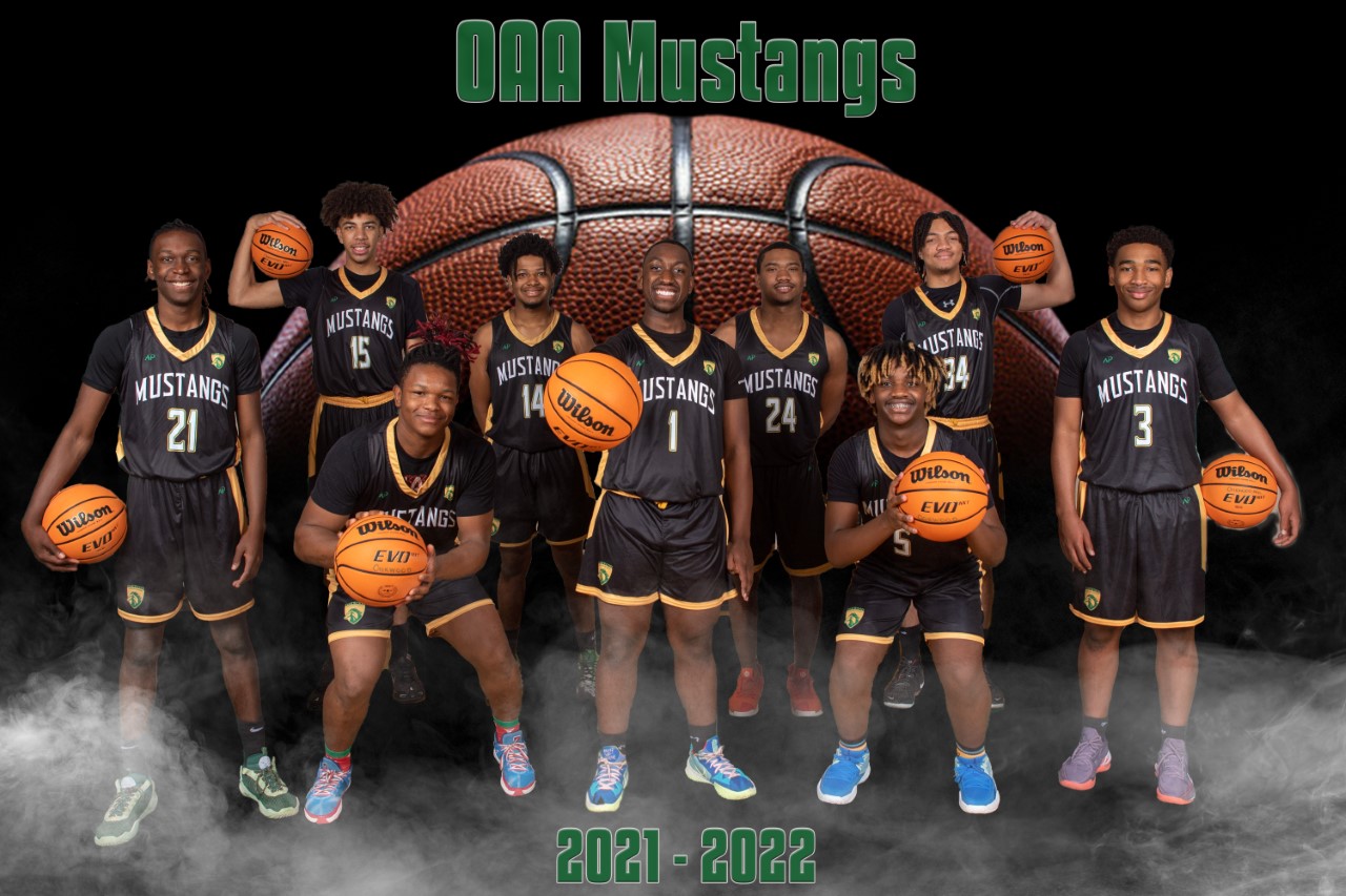 The Oakwood Adventist Academy Mustangs basketball team photo, 2021-2022 season.