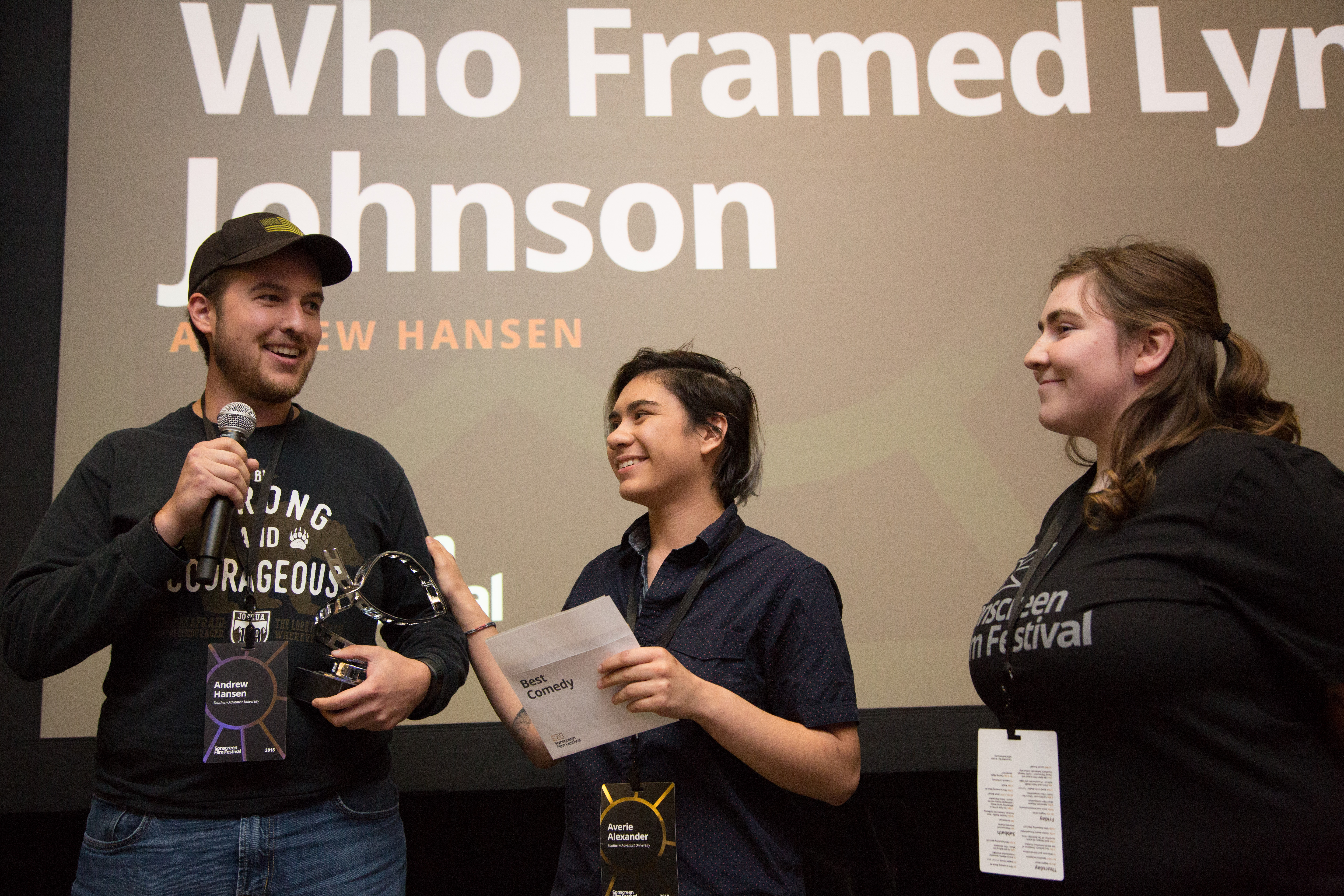 Andrew Hansen accepts the award for Best Comedy Short with his film "Who Framed Lyndon Johnson?" 