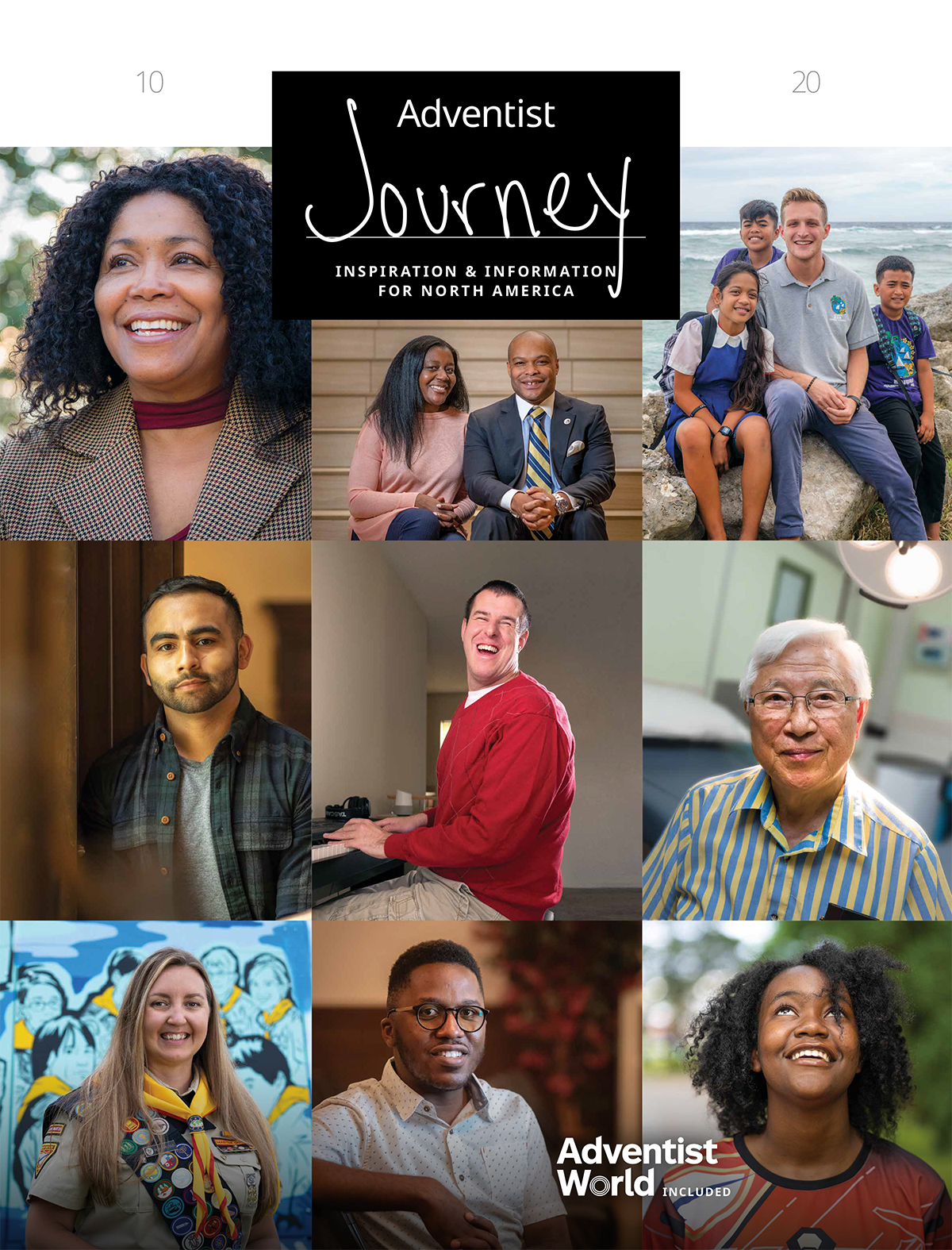 Adventist Journey magazine cover with nine people