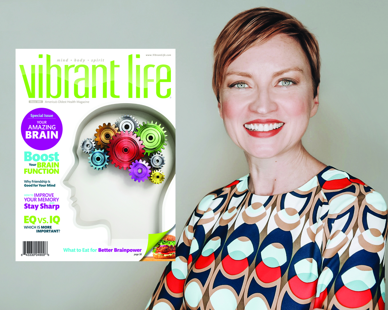 Vibrant Life editor Heather Quintana and copy of Vibrant Life magazine