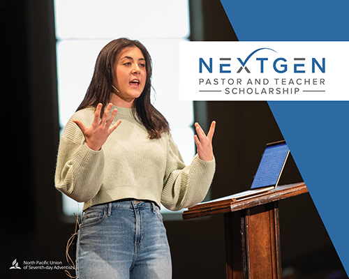 Young women standing in front of a podium with the words "Next Gen Pastor and Teacher Scholarship" written on the picture