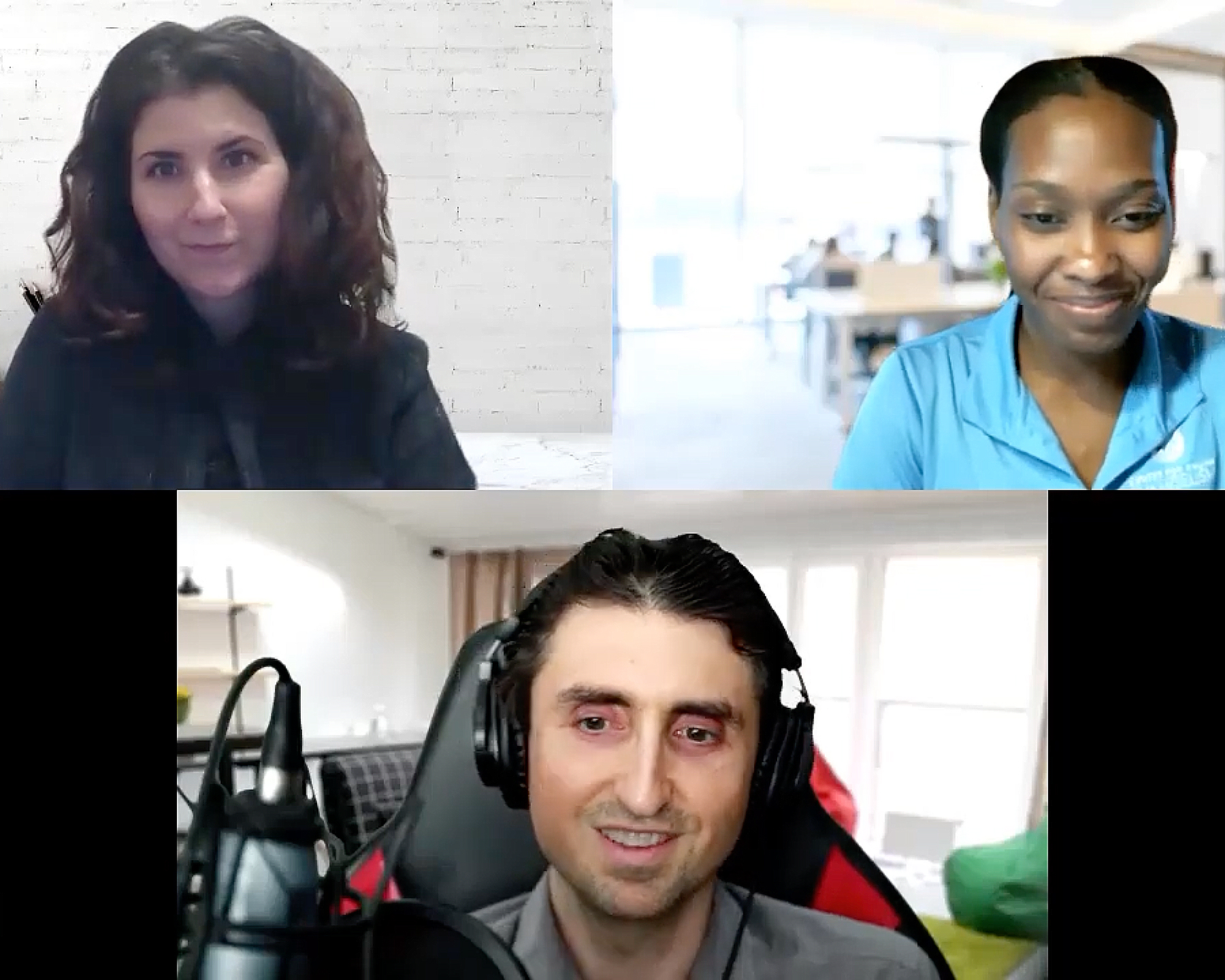 Screenshot of a Zoom meeting with two women and a man of different ethnicities. 