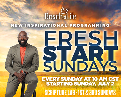 A promotional photo titled "Fresh Start Sundays," with a picture of a black man wearing a grey suit, seated.