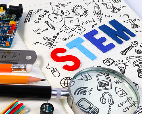graphic with STEM in bright letters, pencil drawings of STEM themes and tools.