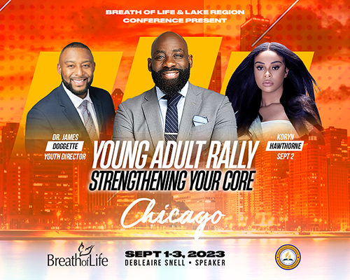 promotional flyer for Breath of Life and Lake Region Conference's second annual Young Adult Rally; l to r, two black men and a black woman