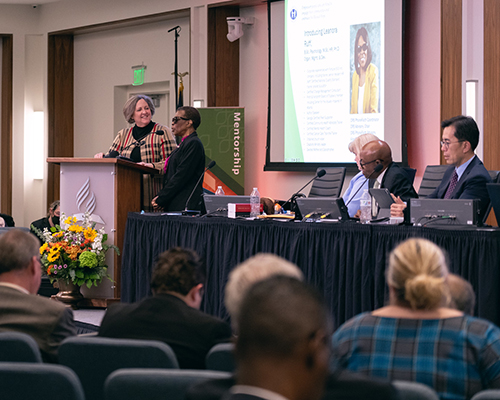 On Oct. 30, 2023, day five of the NAD Year-End Meeting, Christian Record Services president Diane Thurber, introduces Leanora Ruff, Ph.D.,