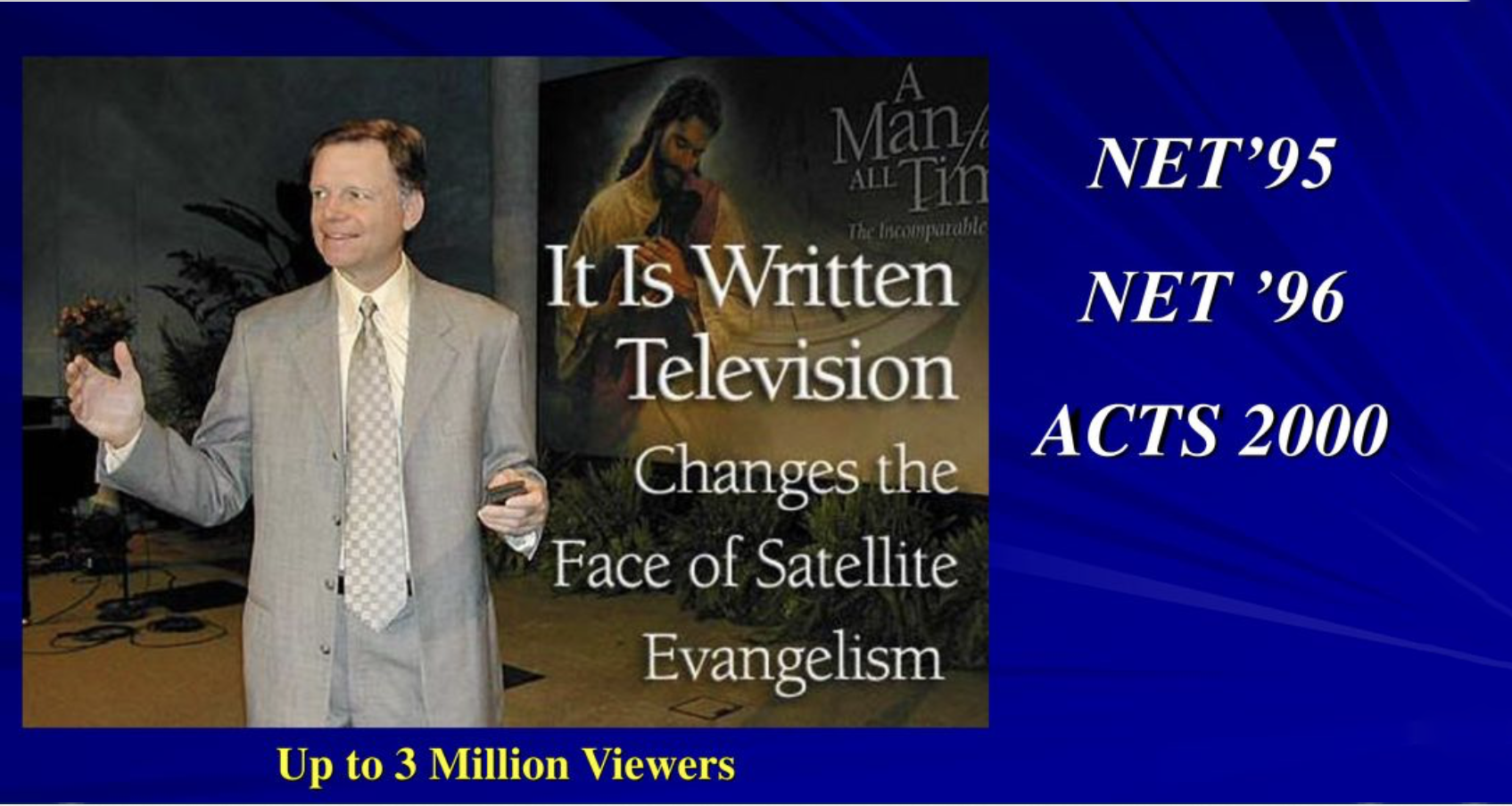 Middle age caucasian man preaching during satellite evangelism event in the 1990s