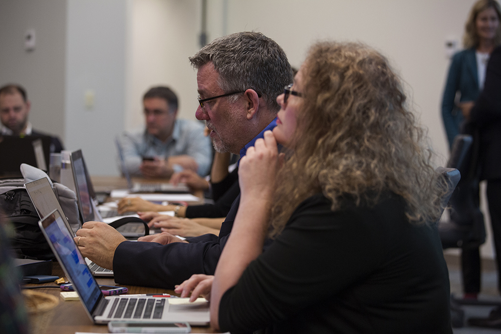 Dan Weber, NAD director of communication, monitors the live-stream, while Kimberly Luste Maran, associate director of communication, vets questions for presenters to answer. Photo: Mylon Medley