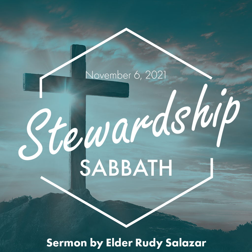 Stewardship Sabbath promo image with a cross in front of a sunset