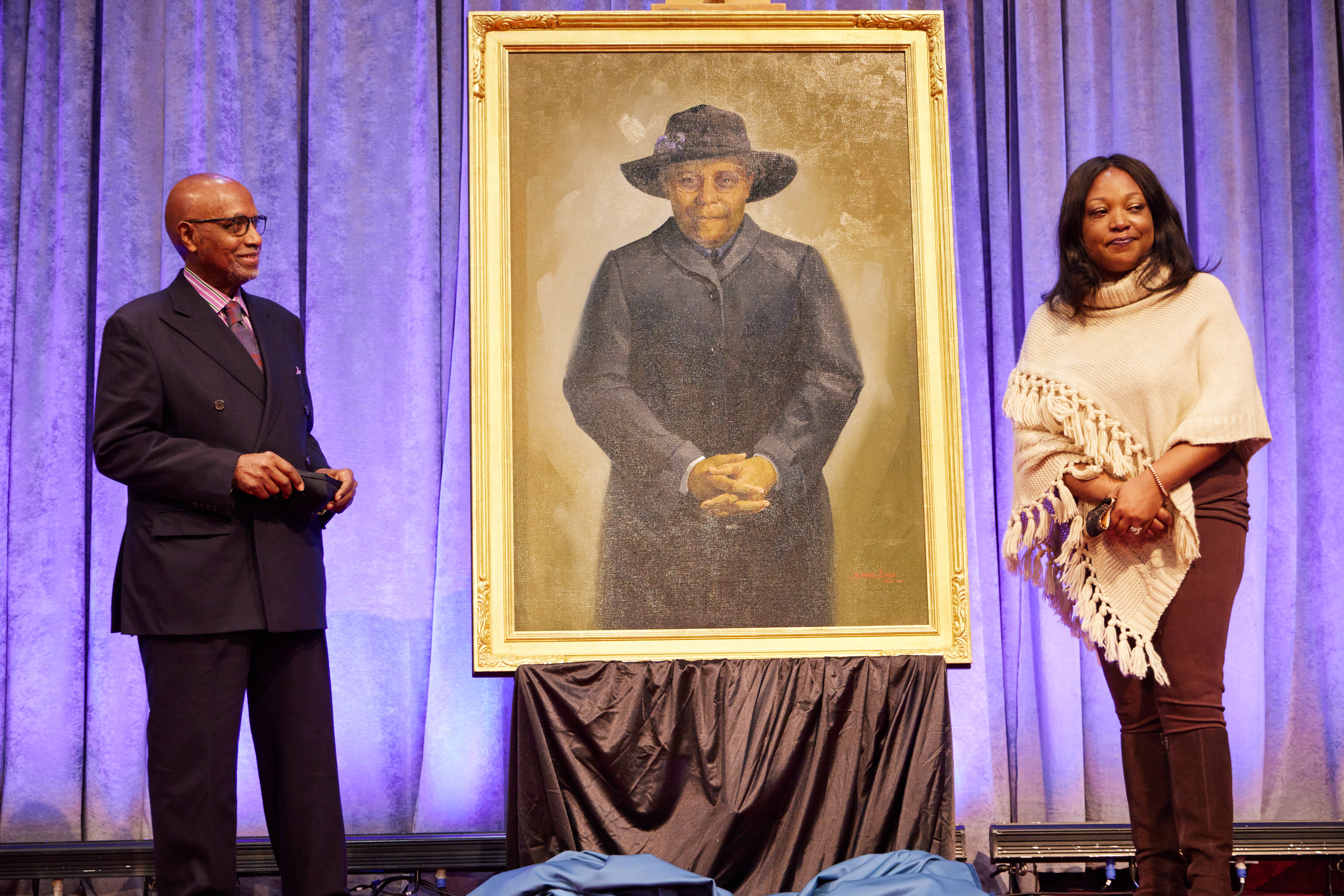 Lucy Byard dedication with portrait of Byard and two speakers