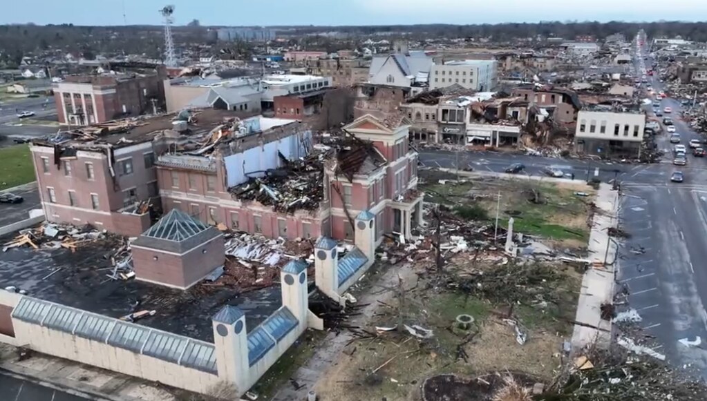 This aerial view of Mayfield, Kentucky, shows some of the damage sustained after a tornado ripped through the small city, much of Kentucky, and several other states on Dec. 10, 2021. Photo by Jimmy Emerson, DVM/Flickr, for editorial use only.