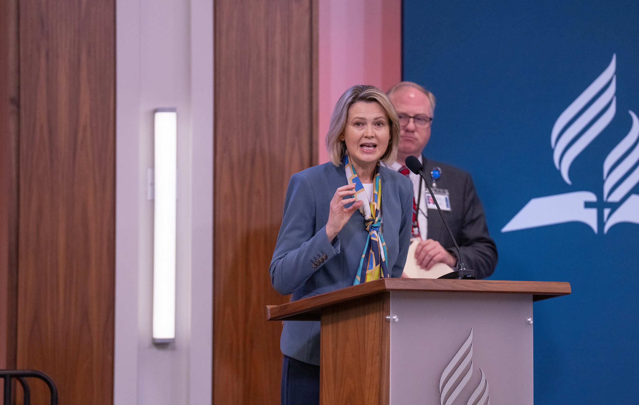 Bettina Krause, Liberty magazine editor, and a member of the Doctrine of Discovery statement writing committee, reads the draft of the statement during NAD YEM on Oct. 31.