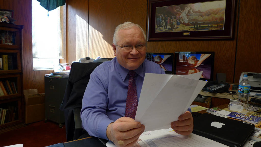 Larry Pitcher at his desk at Christian Record Services in Lincoln, Nebraska