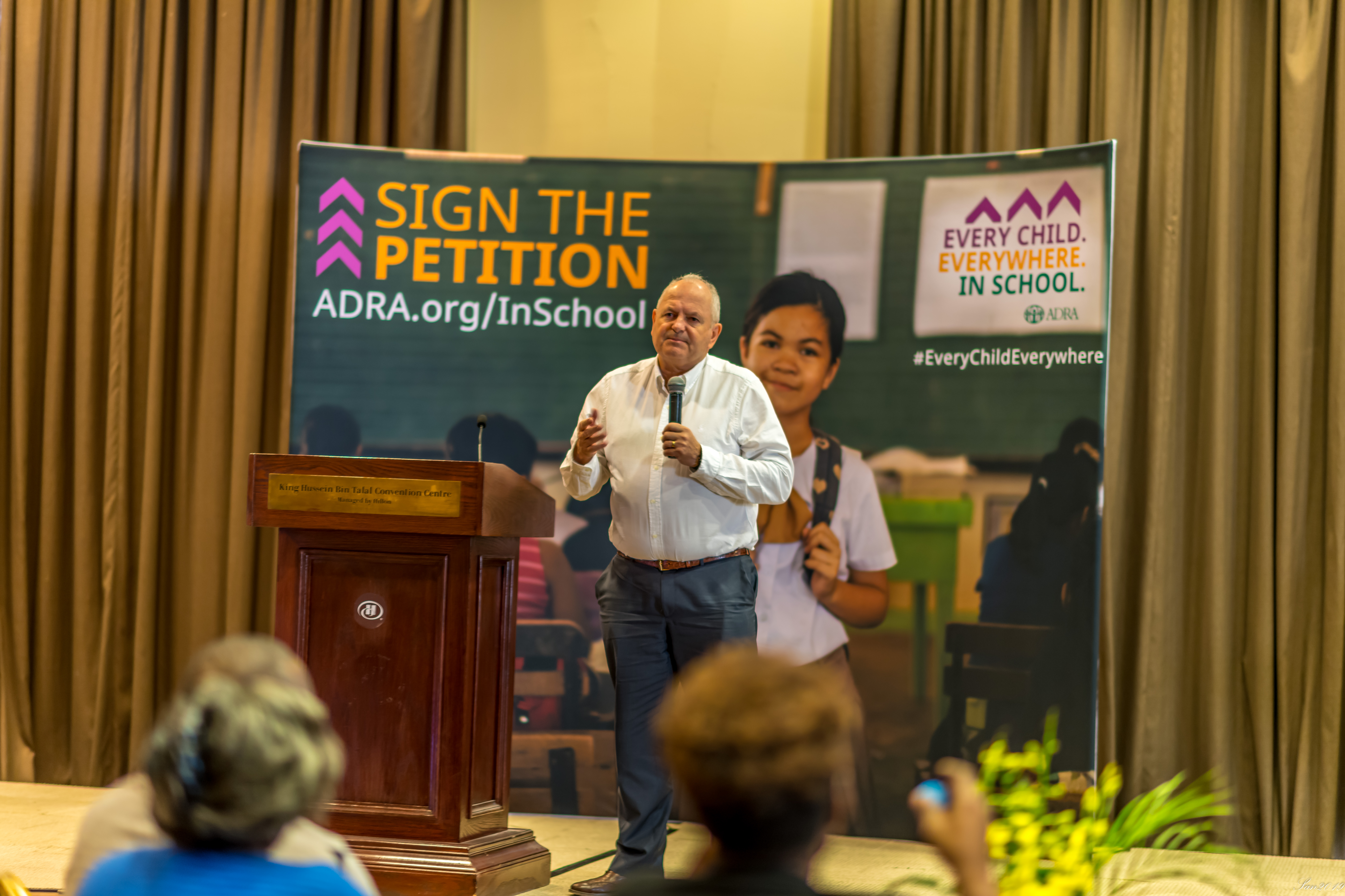 Jonathan Duffy announces ADRA's new global advocacy campaign, "Every Child. Everywhere. In School.", during GAiN meetings in Jordan. Photo provided by the Adventist Development and Relief Agency