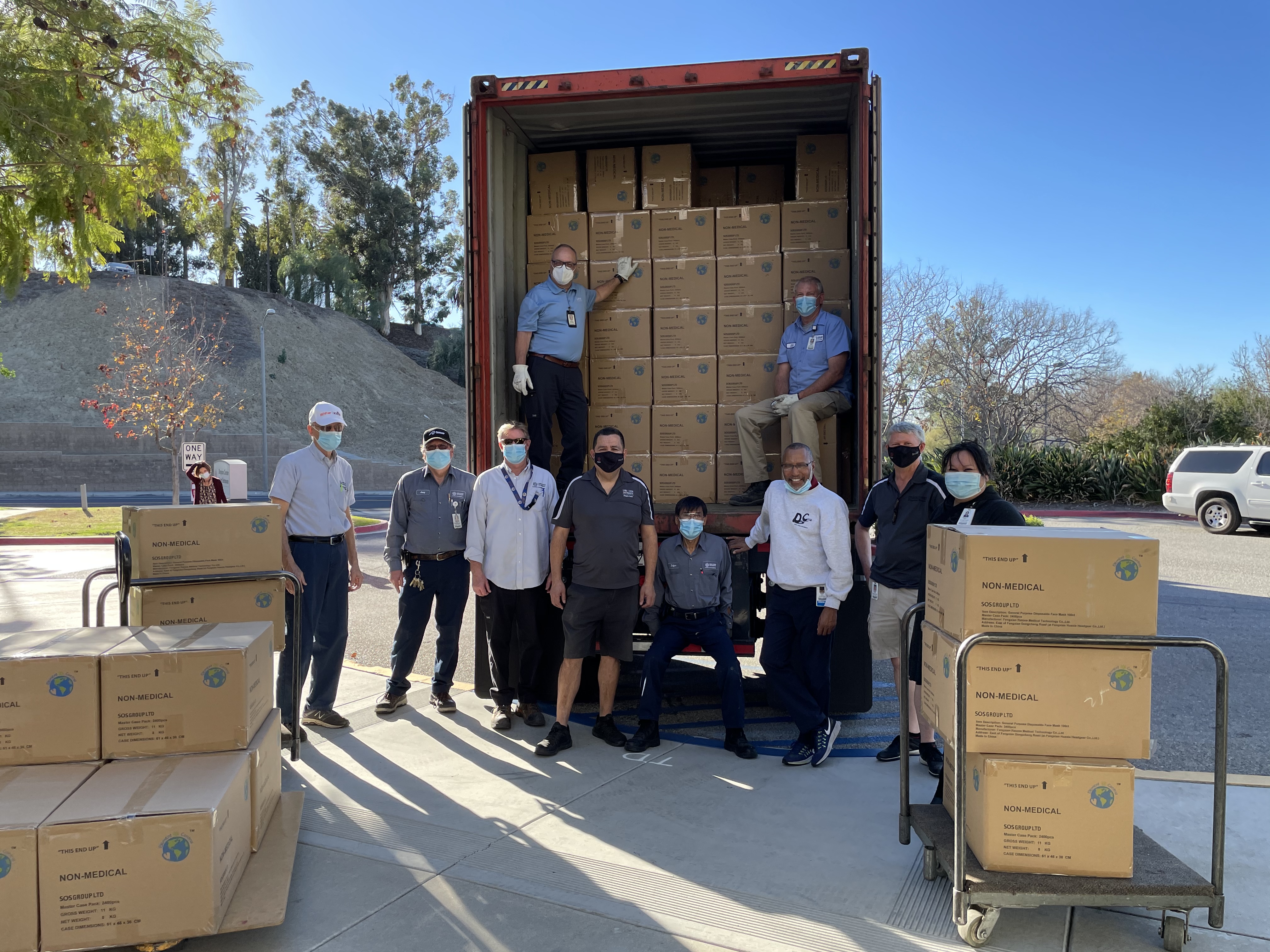 Protective masks donated by ADRA unload at Loma Linda University Health