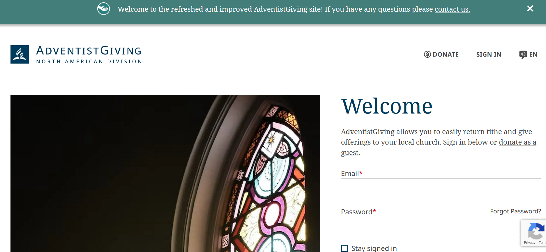 Screenshot of top of new AdventistGiving website