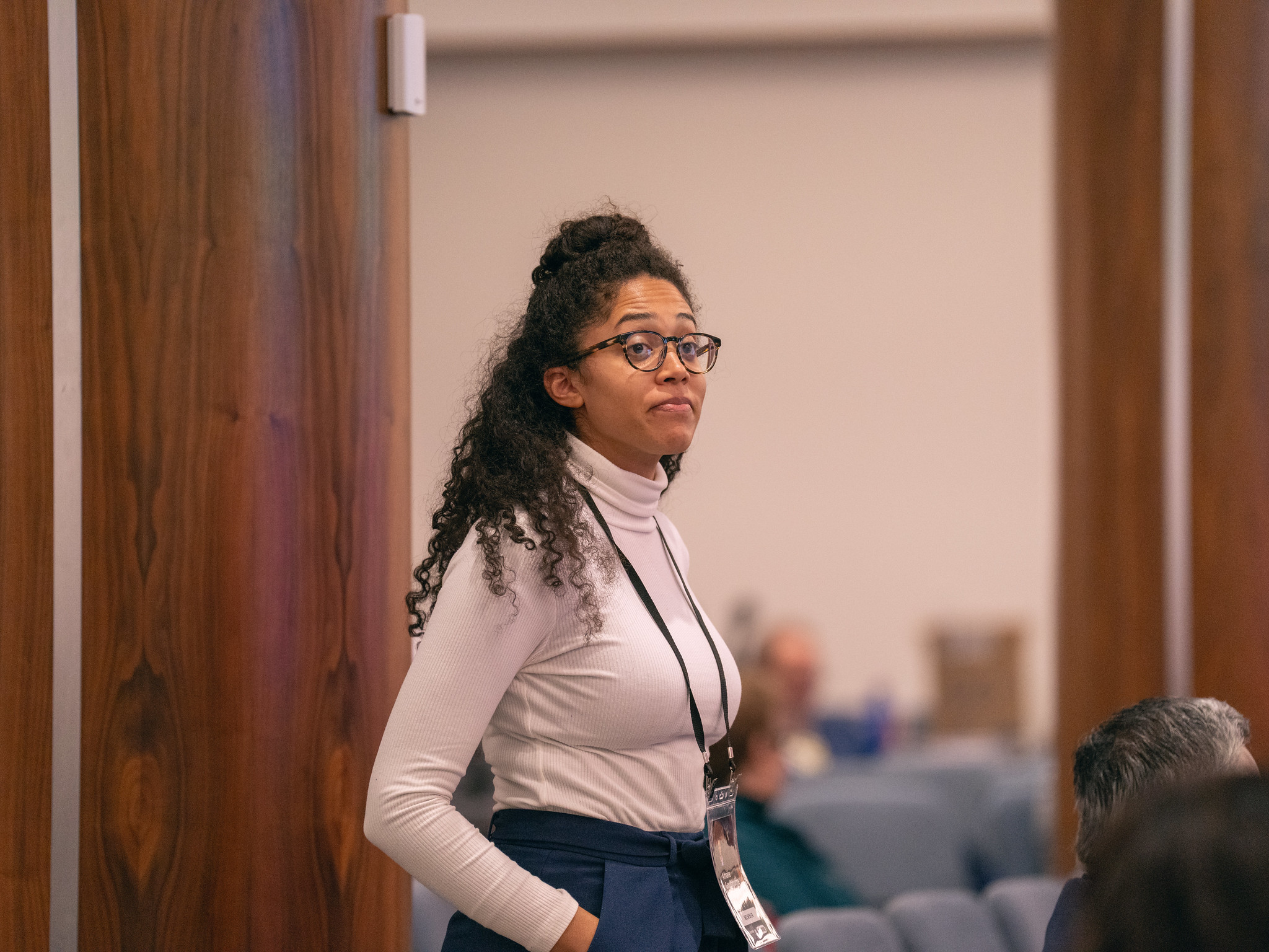 Amalia Goulbourne, a pastor currently studying at the Andrews University seminary, and a year-end meeting delegate, talks about the challenges she faces in pastoral ministry during the policy discussion at the 2023 NAD Year-end Meeting on Oct. 31