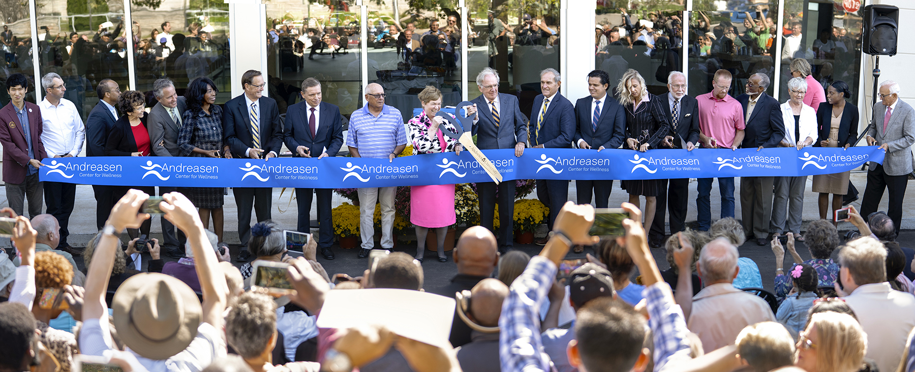 Twenty individuals participated in the Andreasen Center for Wellness ribbon cutting on Sept. 26, 2019. Photo by David Sherwin