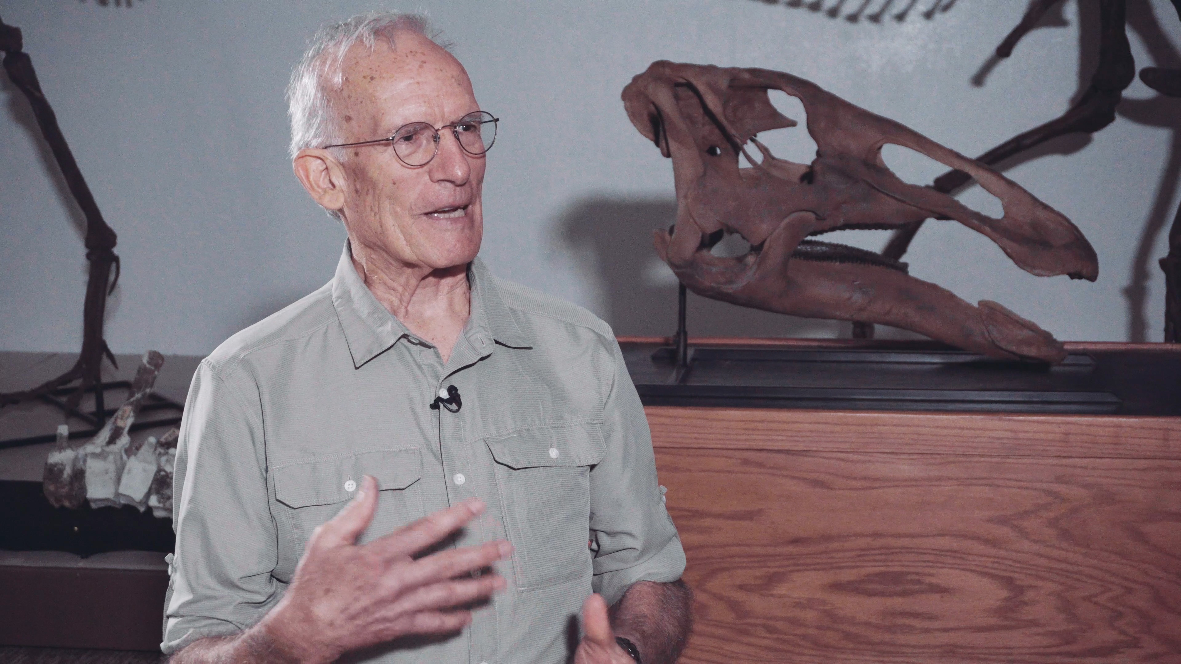 Man being interviewed with fossilized dinosaur bones in the background