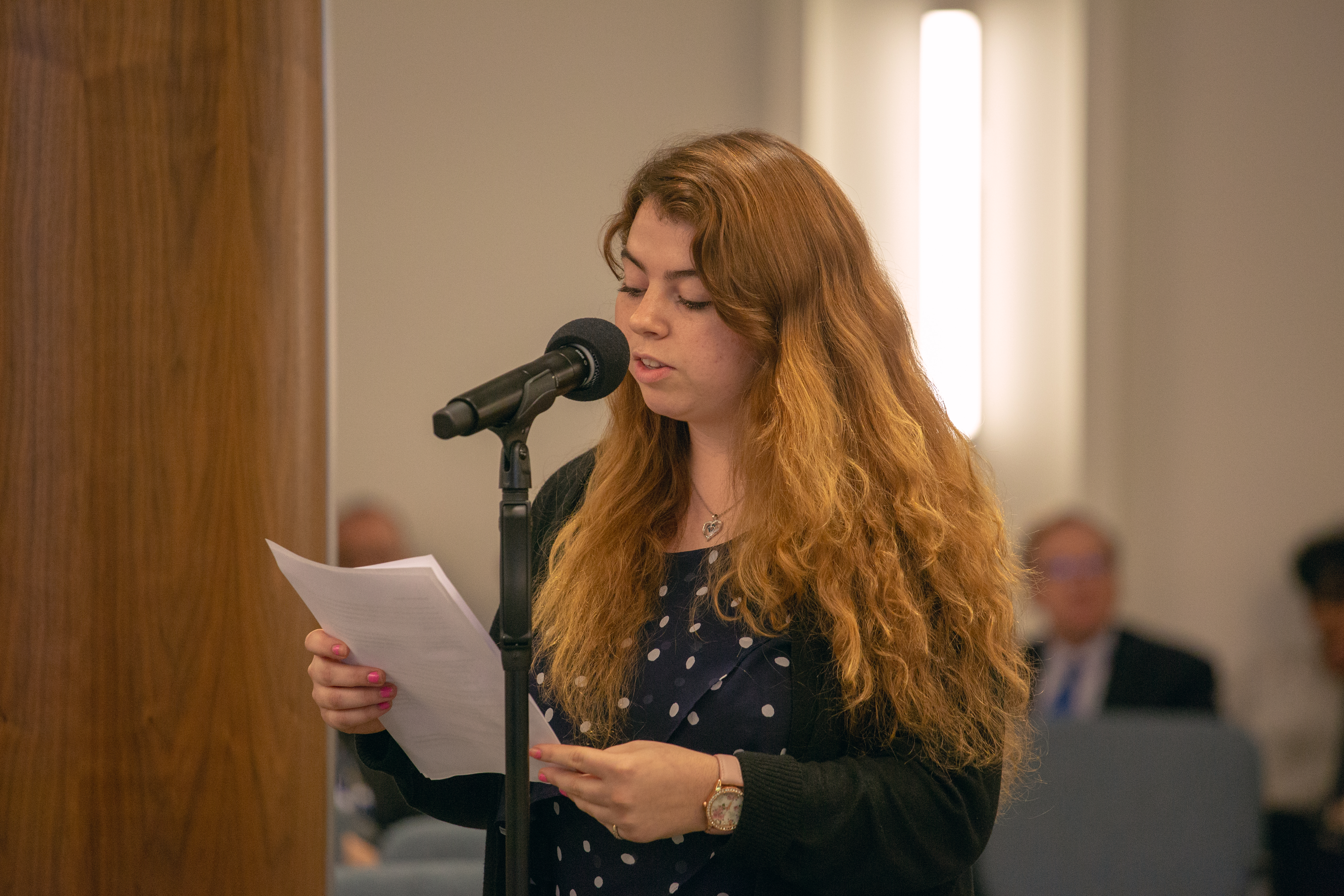 Ashton Hardin, student body president of La Sierra University, reads statement drafted by her colleagues.