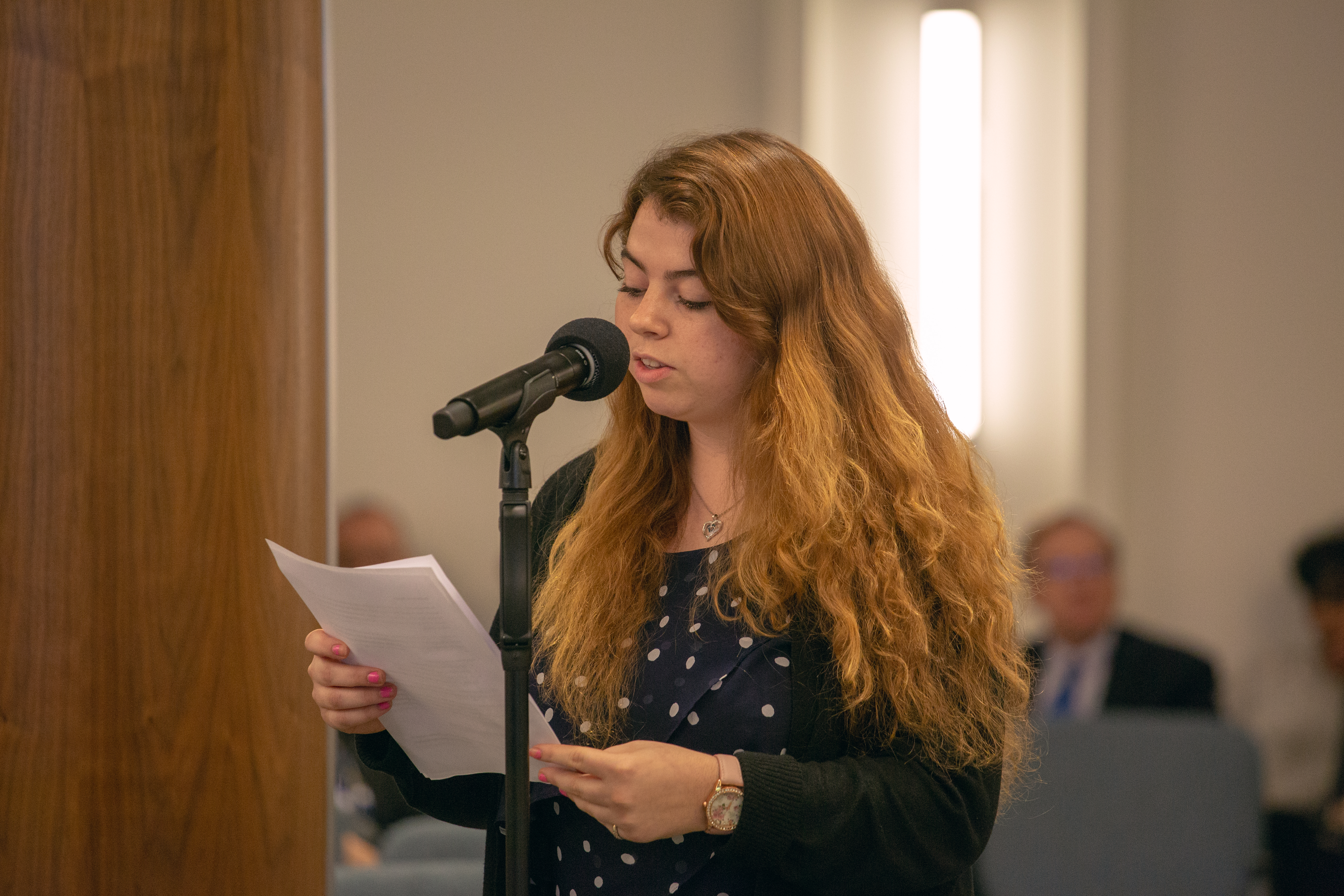 Ashton Hardin, student body president of La Sierra University, reads statement drafted by her colleagues. 