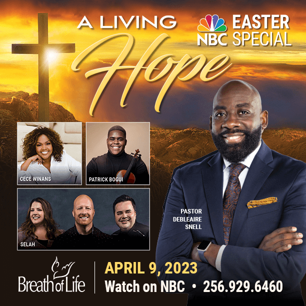 Promotional flyer for April 9 Breath of Life TV Easter special