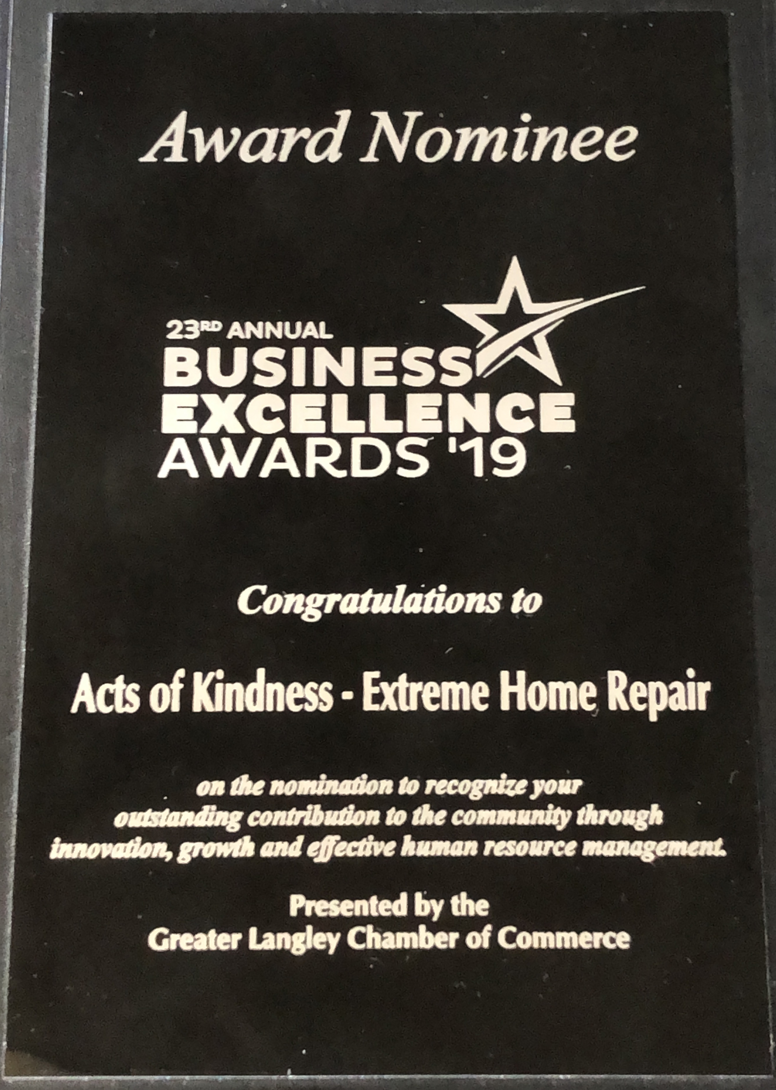 Award plaque presented to Acts of Kindness Extreme Home Repair