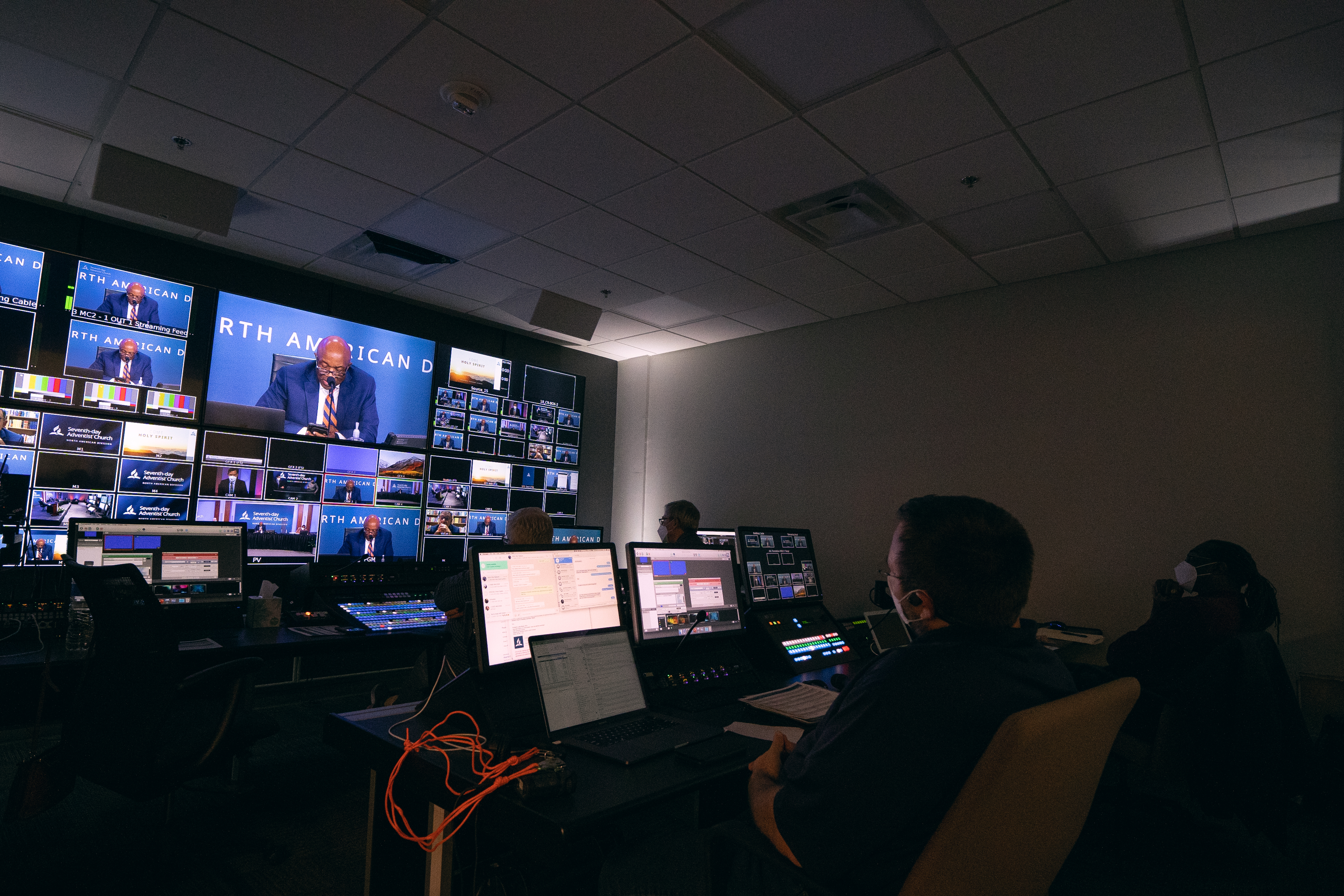 Production crew led by Nick Wolfer monitors broadcast from the NAD studio control room. Photo: Pieter Damsteegt