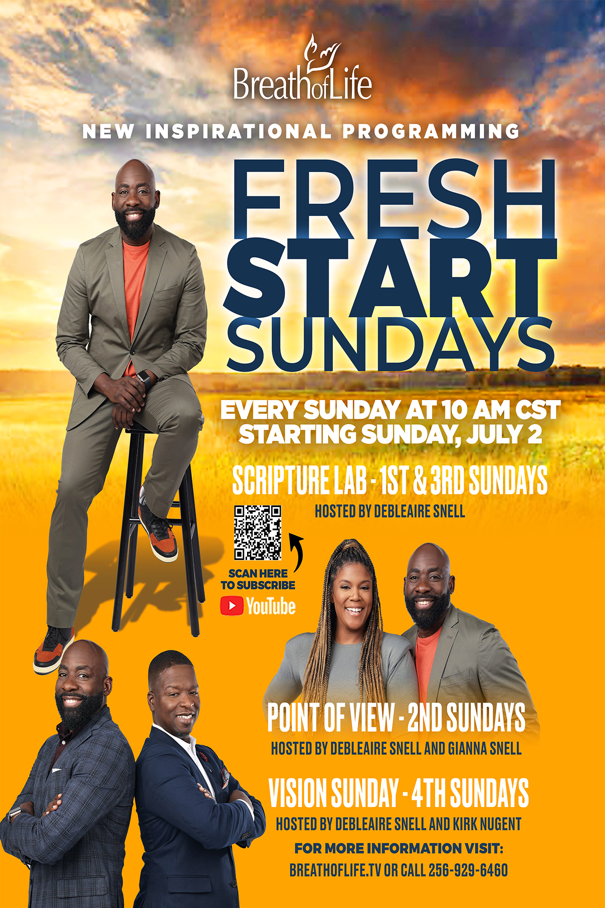 A promotional photo titled "Fresh Start Sundays," with pictures of a black man, seated on the left, headshots of the same man and a black woman in the middle, and on the bottom left a photo of the black man and another black man standing, with only their torsos showing. The men in the photo are wearing suits and the woman is wearing a dress.