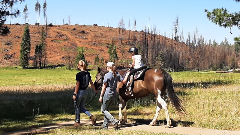 Summer camp staff lead a camper around the Leoni Meadows grounds, with wildfire damage on the hills in the background. Photo: Northern California Conference