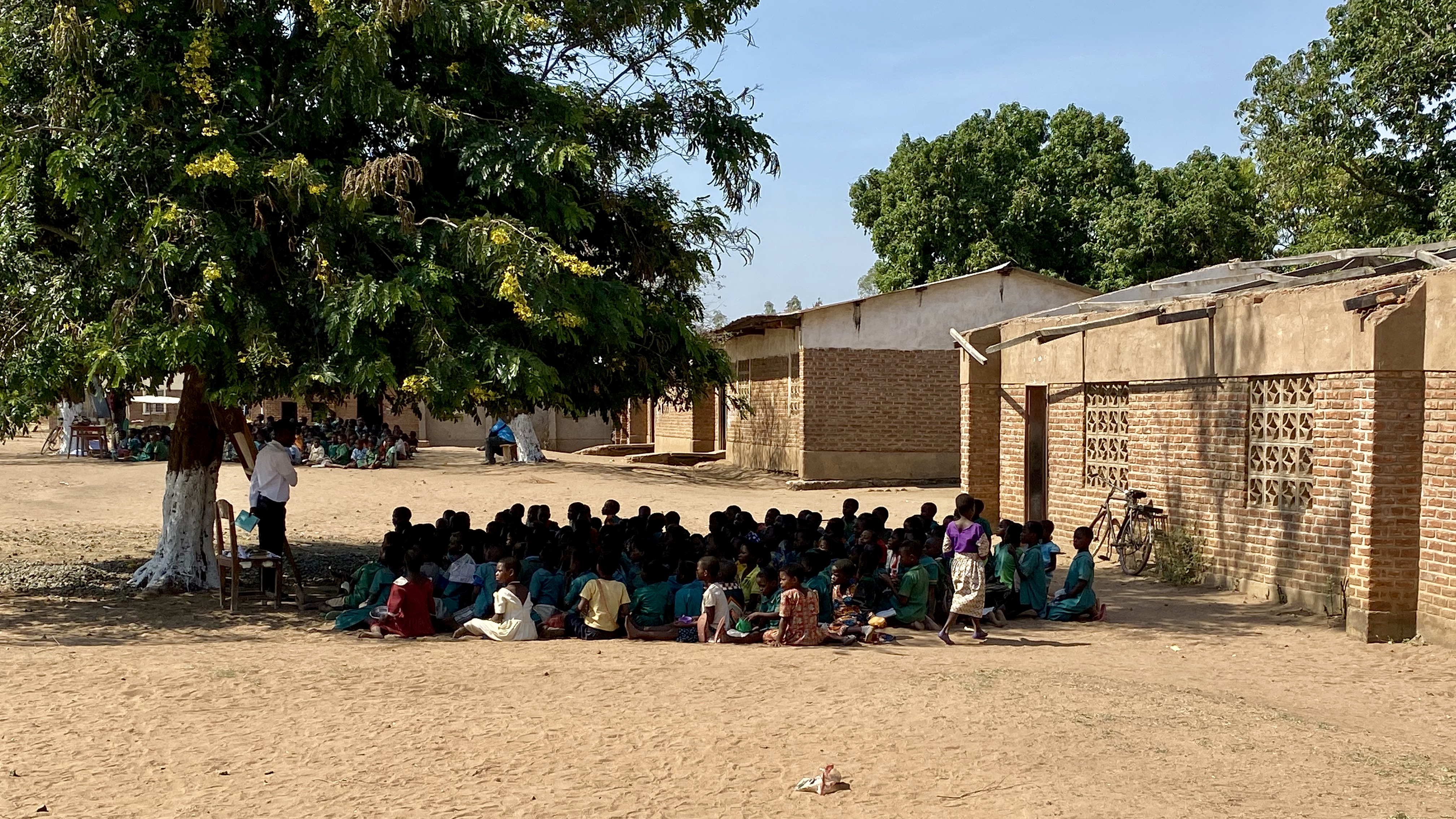 Malawian students sit under outside under a tree for class time.