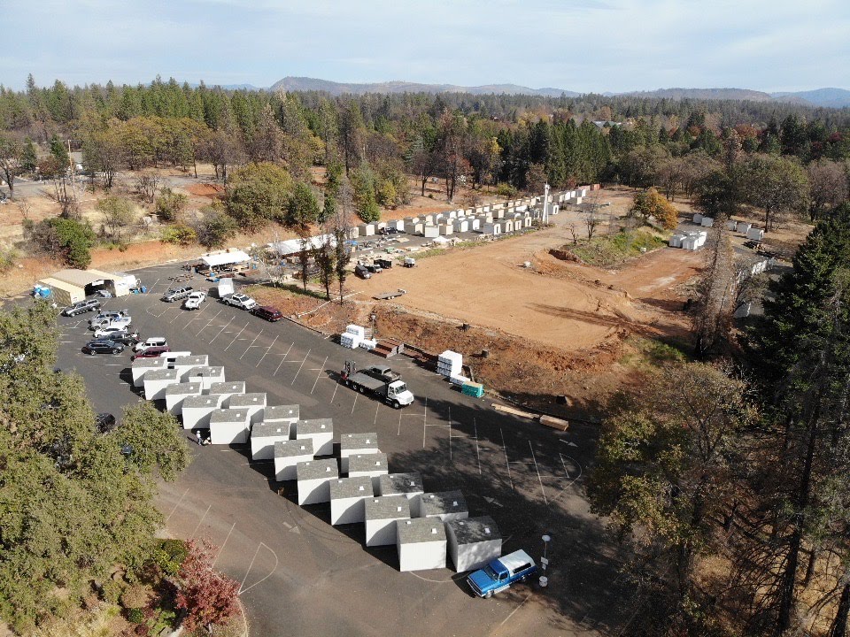 An aerial view of the shed build at the Paradise church site where volunteers constructed more than 200 sheds.