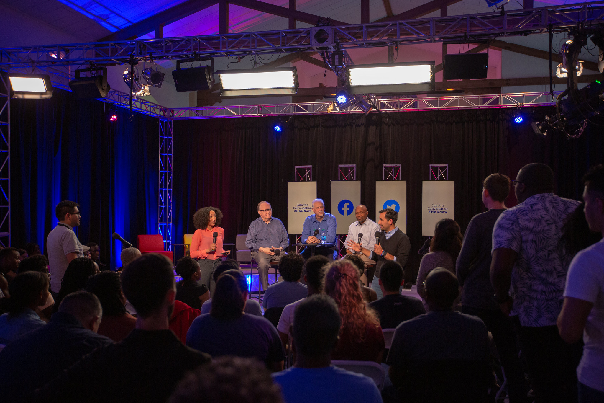 Hosts Mylon Medley and Julio C. Muñoz prep the audience and NAD officers for the "lighting round" segment of Is This Thing On? ACF - Berkeley on May 22, 2019. Photo by Pieter Damsteegt