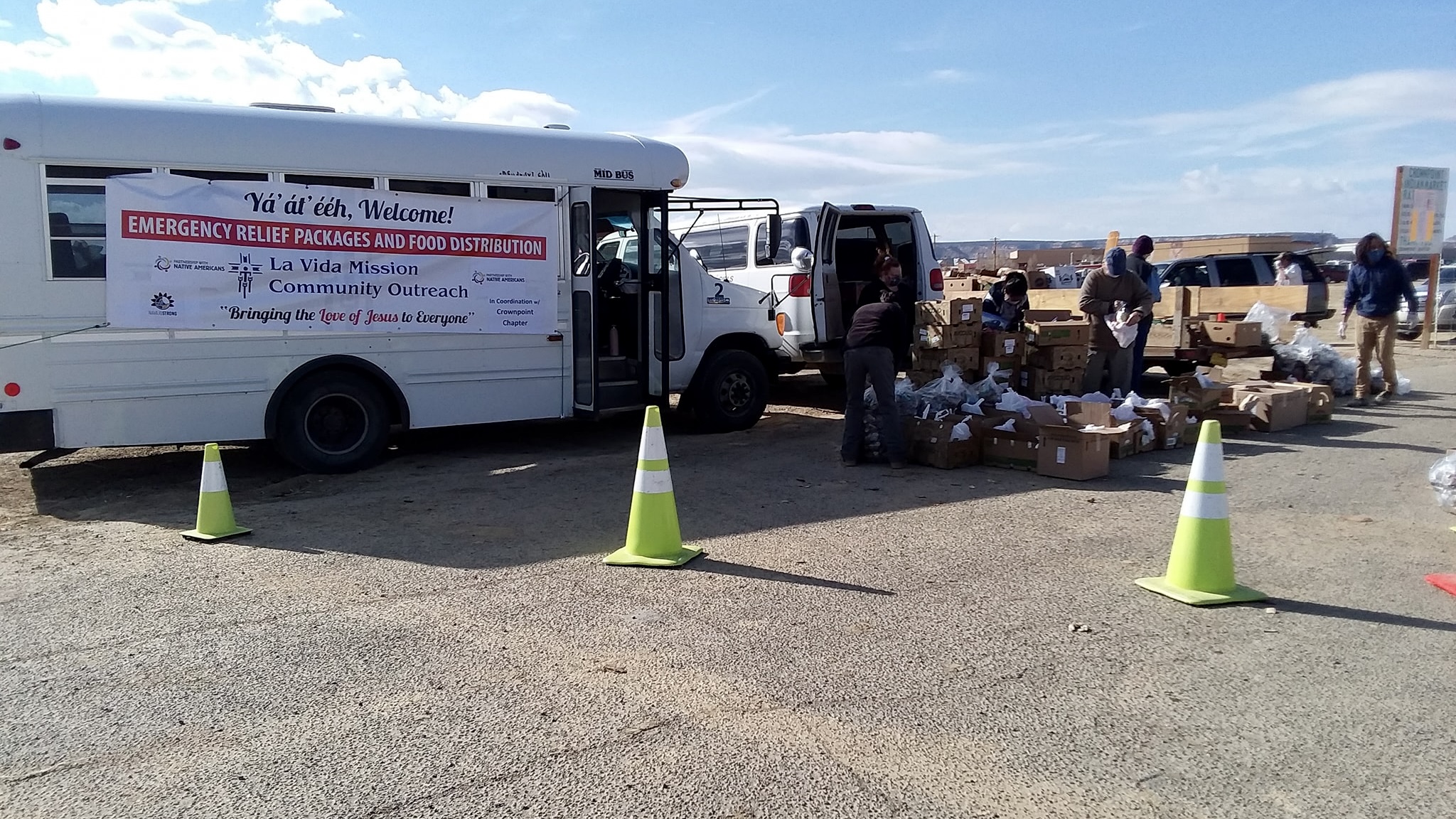 Staff of La Vida Mission prepare to distribute fresh produce, hand sanitizer, and propane to 250 families in Farmington, New Mexico. Photo courtesy of La Vida Mission