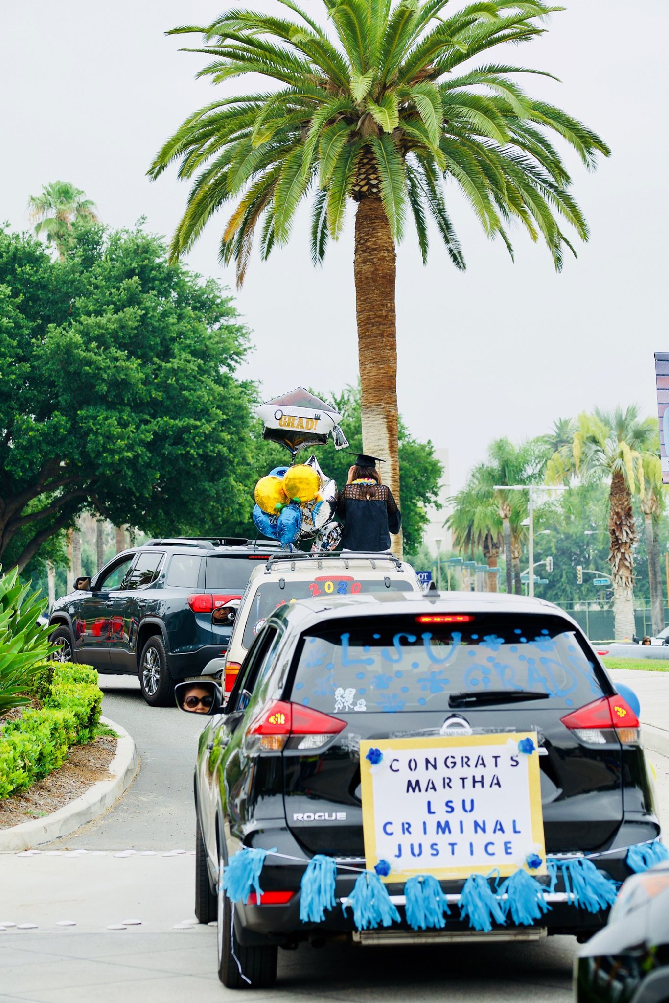 Cars parade along the entrance road into La Sierra University’s campus as part of the Drive-Through Celebration.