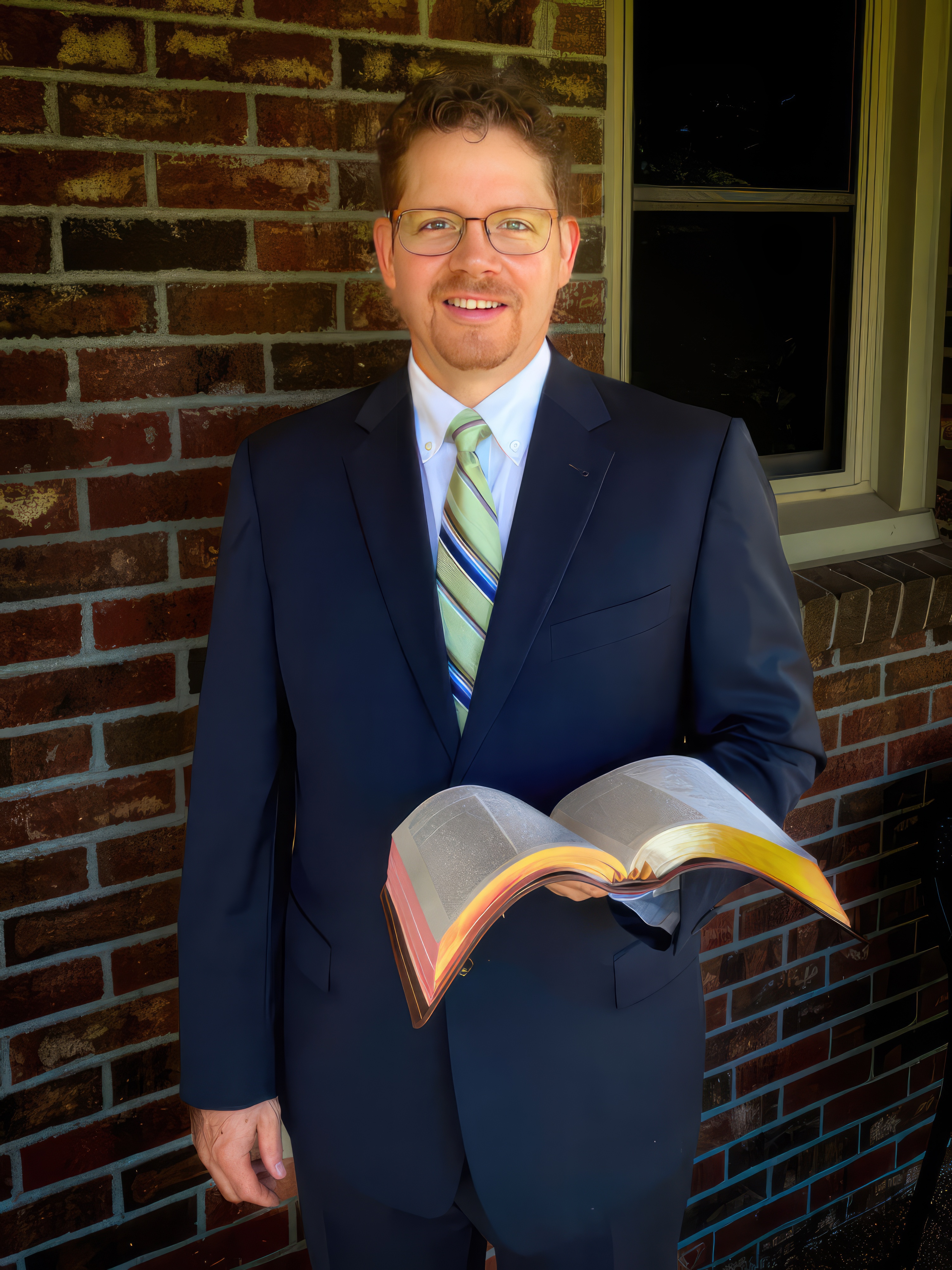 White man holding a Bible standing in front of a building with a window to the right of him