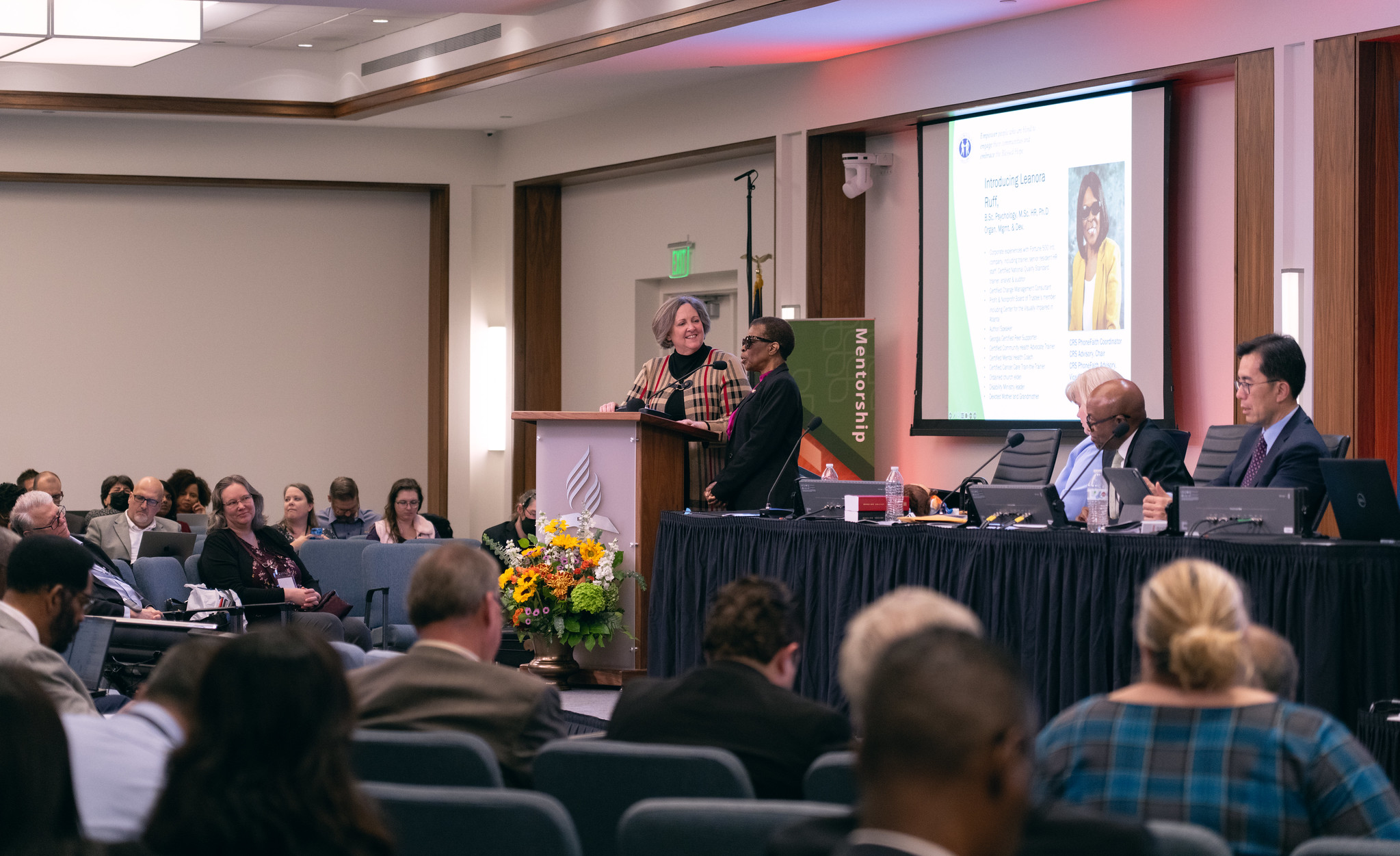 On Oct. 30, 2023, day five of the NAD Year-End Meeting, Christian Record Services president Diane Thurber, introduces Leanora Ruff, during the CRS report. 