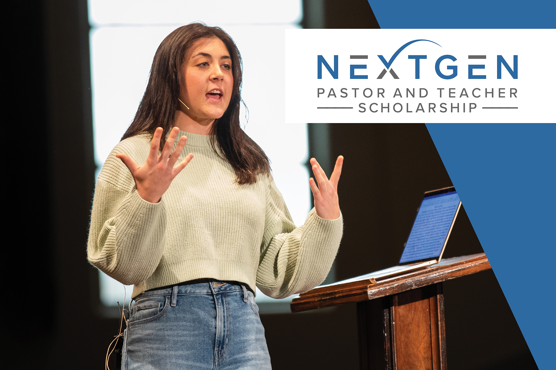 Young woman standing at a podium speaking; the words "next gen pastor and teacher scholarship" are on the photo