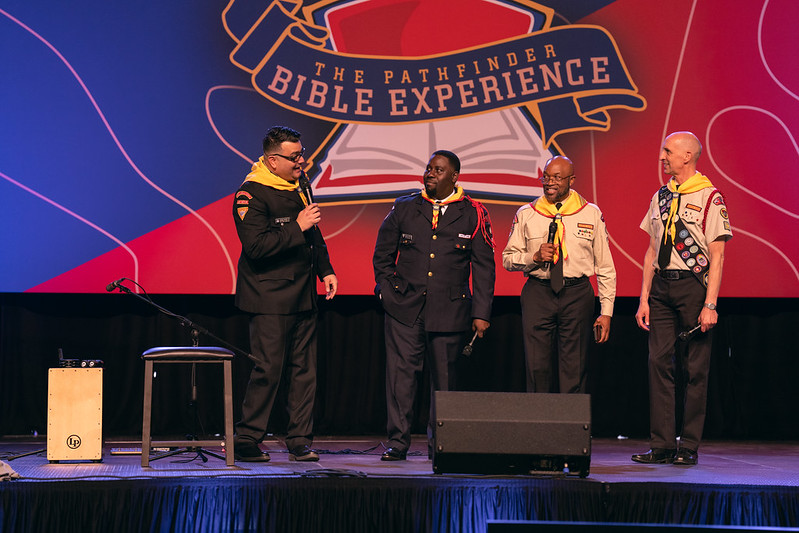 G. Alexander Bryant and the Youth and Young Adult Ministries team encourage the Pathfinders during the afternoon program on April 22, 2023