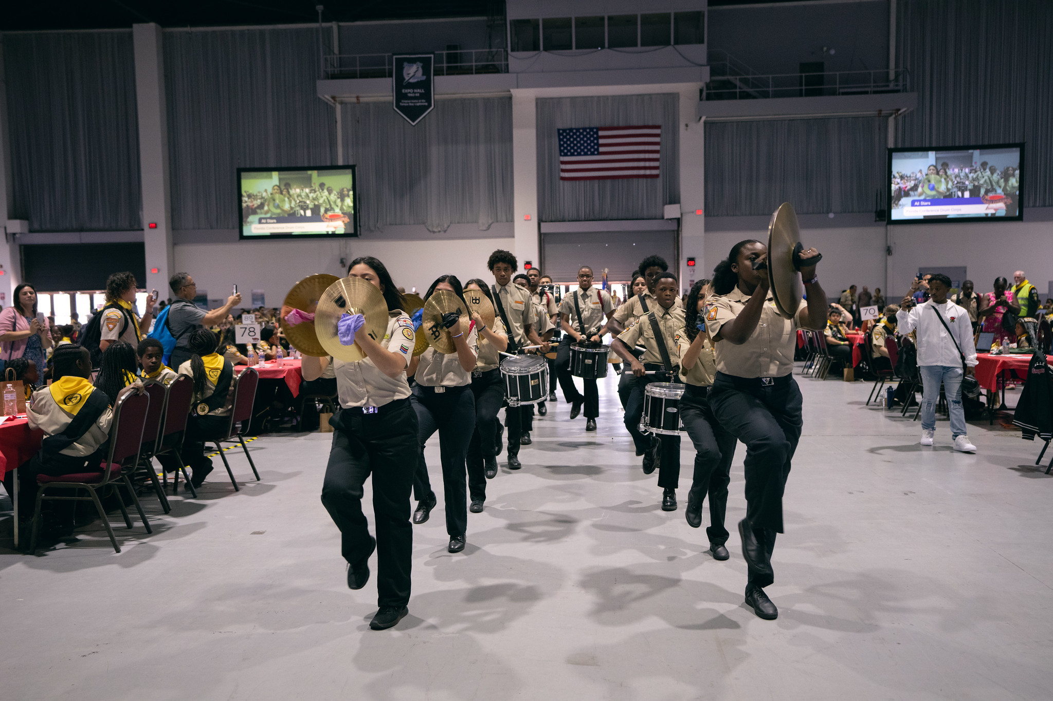 Drum team at 2023 PBE marches in to start the afternoon program off