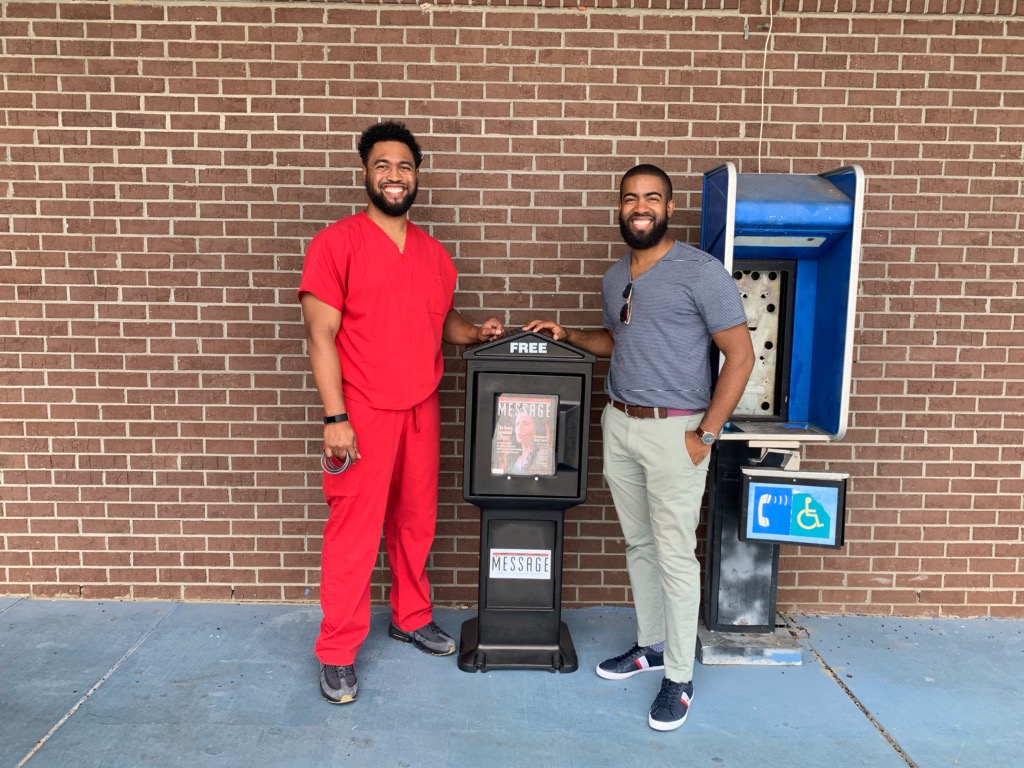 Pastor Joshua Nelson shares tracts with paul Scott, owner and pharmacist at Scott Pharmacy in Albany, Georgia