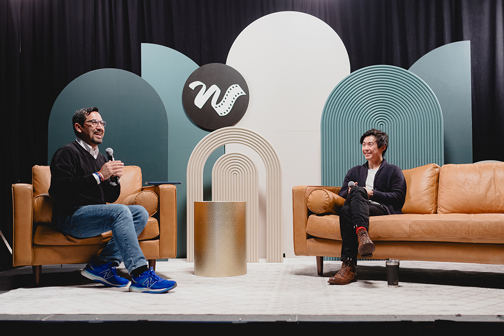 Julio Muñoz interviews a filmmaker at the Windrider Institute event in Park City, Utah, in January