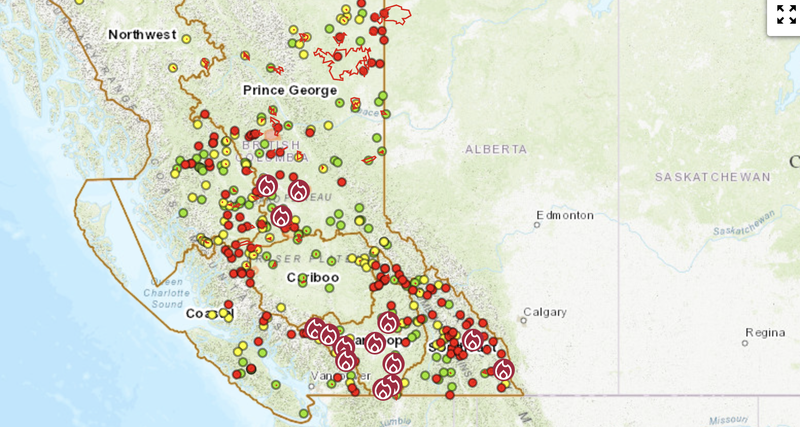 Map of the west coast of Canada with icons indicating areas ravaged by wildfires.