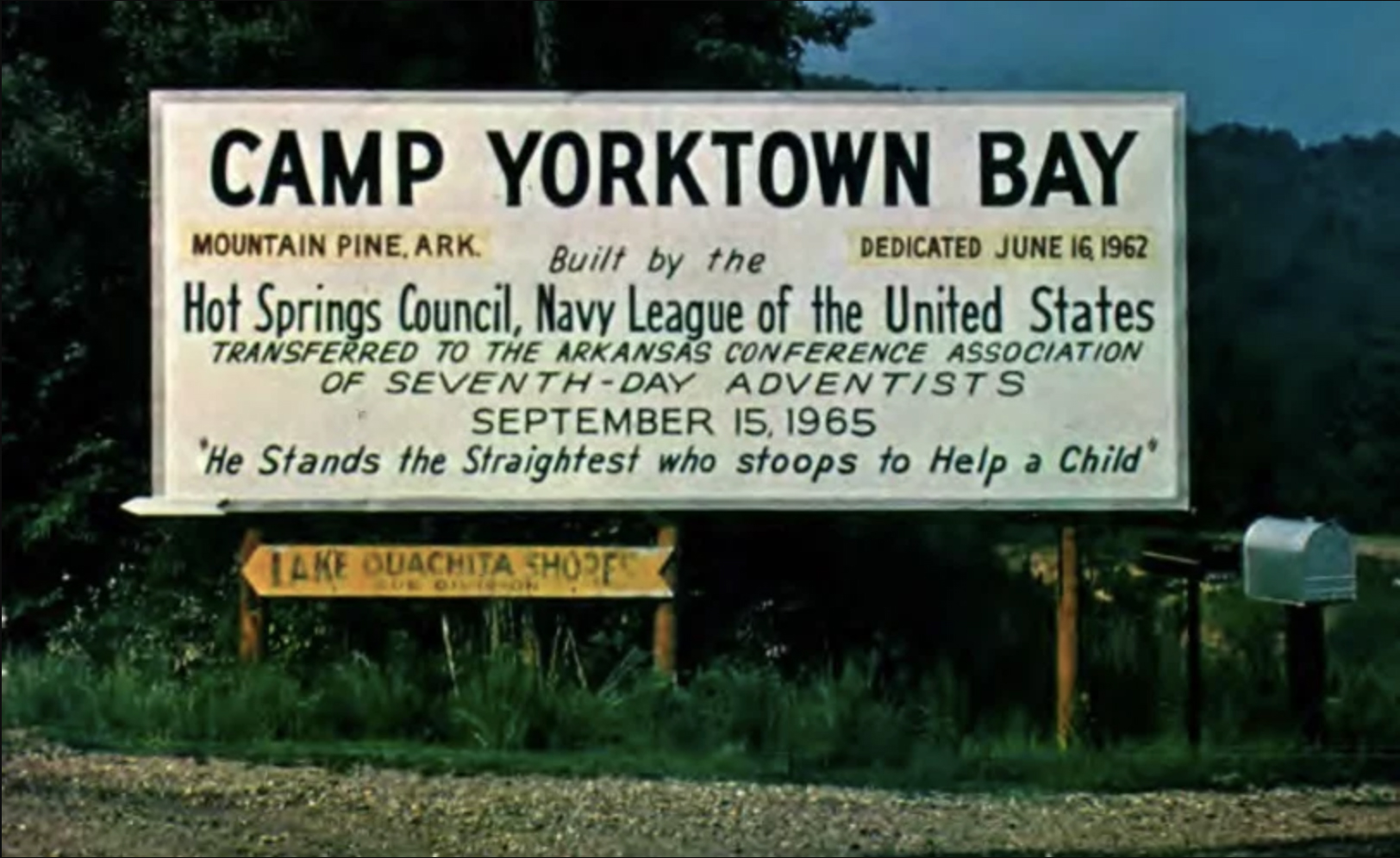 The historical Camp Yorktown Bay sign shares a few tidbits of the camp’s history Photo from arklayouth.com