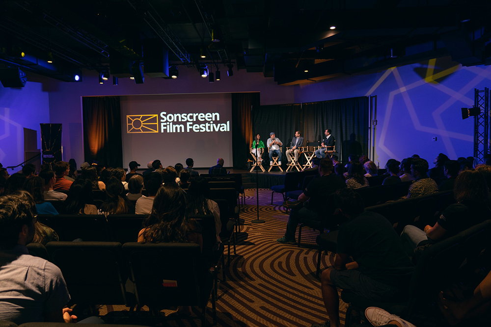 A Q&A session for Encounters on stage from right: Julio Muñoz, moderator, Sven Fockner, executive producer, Adrian Duré, series director, and Ivana Consolani, lead actress. Photo by Pieter Damsteegt