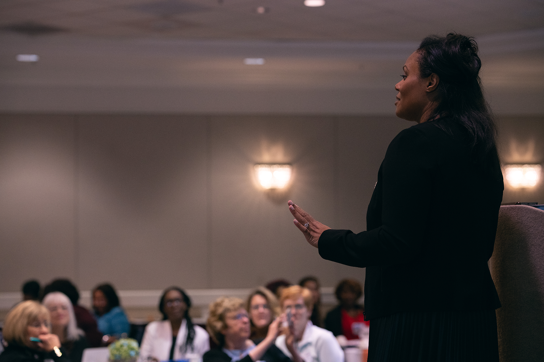 Keynote speaker Leah JM Dean, founder of the leadership, professional, and personal development company Conduit International Ltd., presenting at the Adventist Women Leaders (AWL) luncheon held January 11, 2023