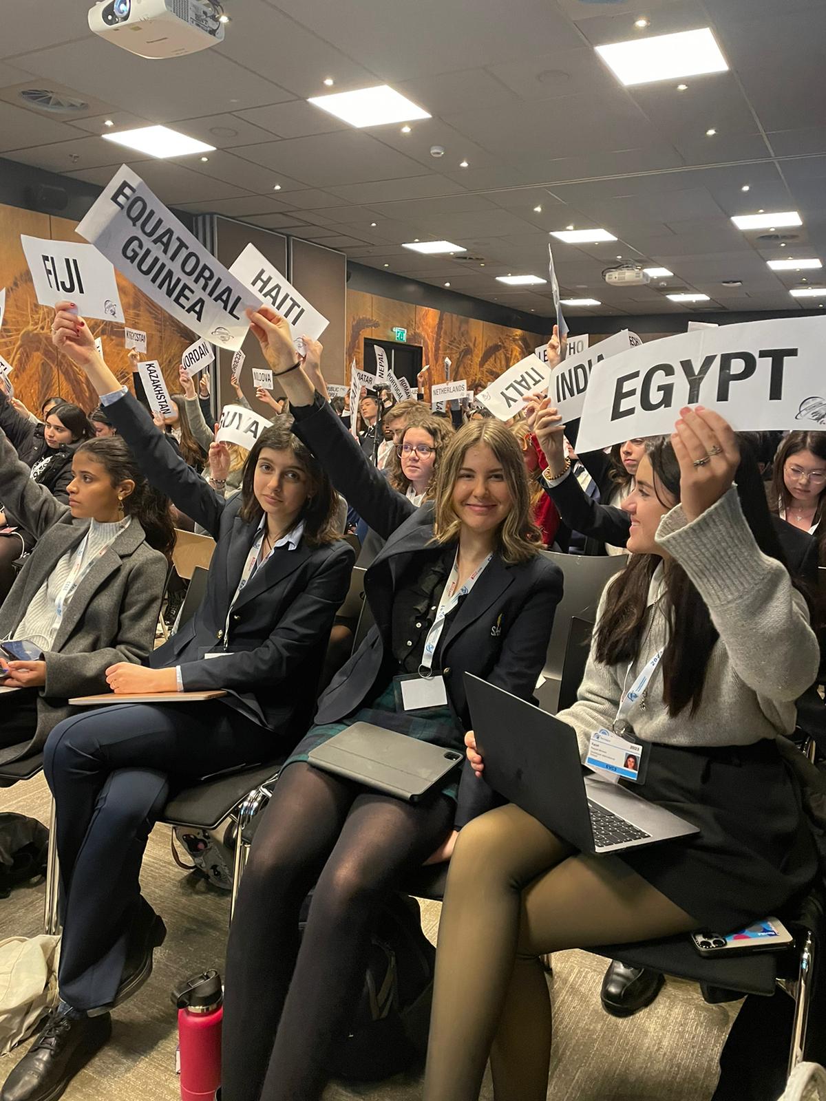 Academy high school students vote at the THIMUN