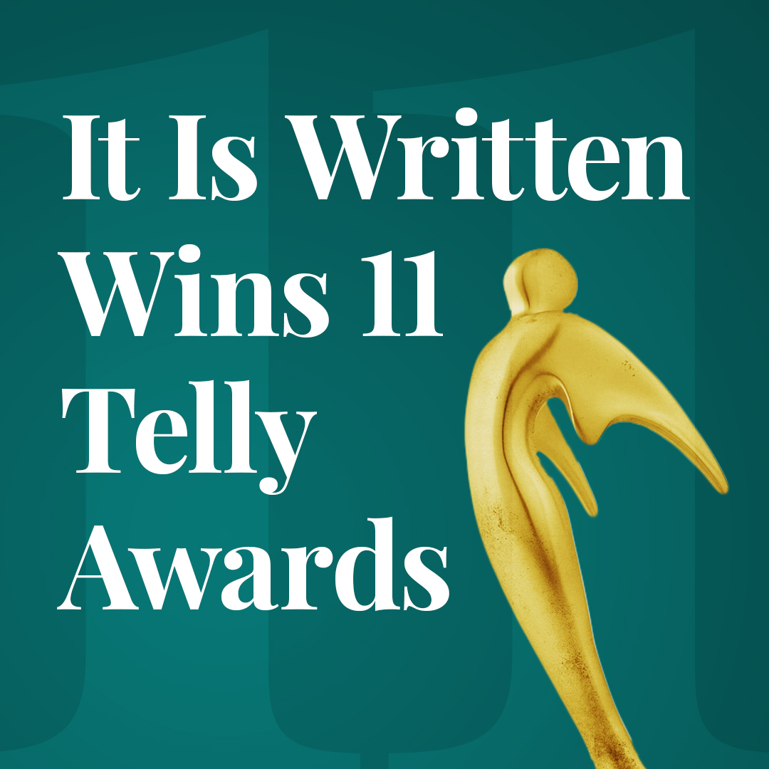 Text reading "It Is Written Receives 11 Telly Awards" with a golden status on the right.