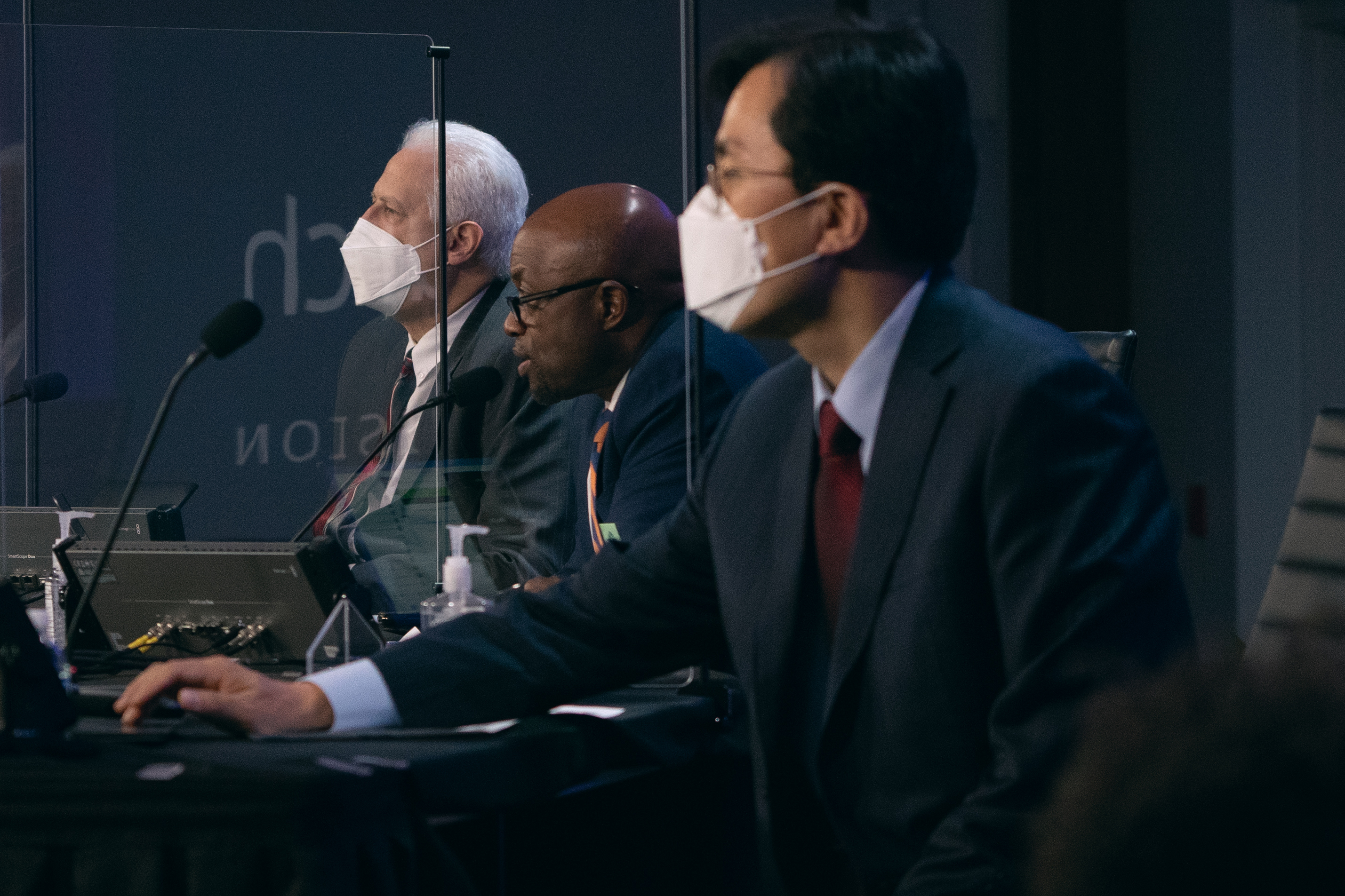 Three officers of the North American Division, Randy Robinson, treasurer; G. Alexander Bryant, president; and Kyoshin Ahn, executive secretary; conduct business during the 2020 NAD Year-End Meeting. Photo: Pieter Damsteegt