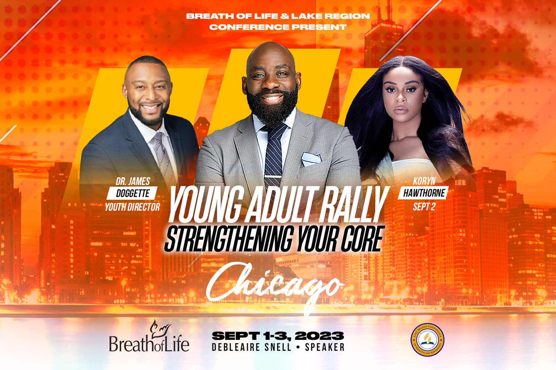 Promotional flyer for Young Adult Rally; left to right - two black men and a black woman